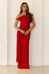 Sleek Off Shoulder Sheer Maxi Dress Red